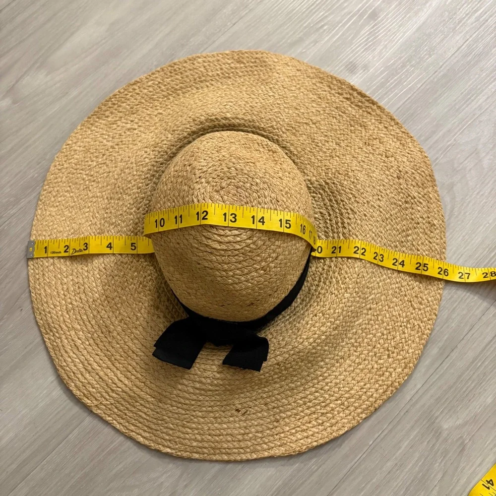 Woven Straw Hat Women Wide Brim Tan with Black Ribbon Bow Accent Summer Beach